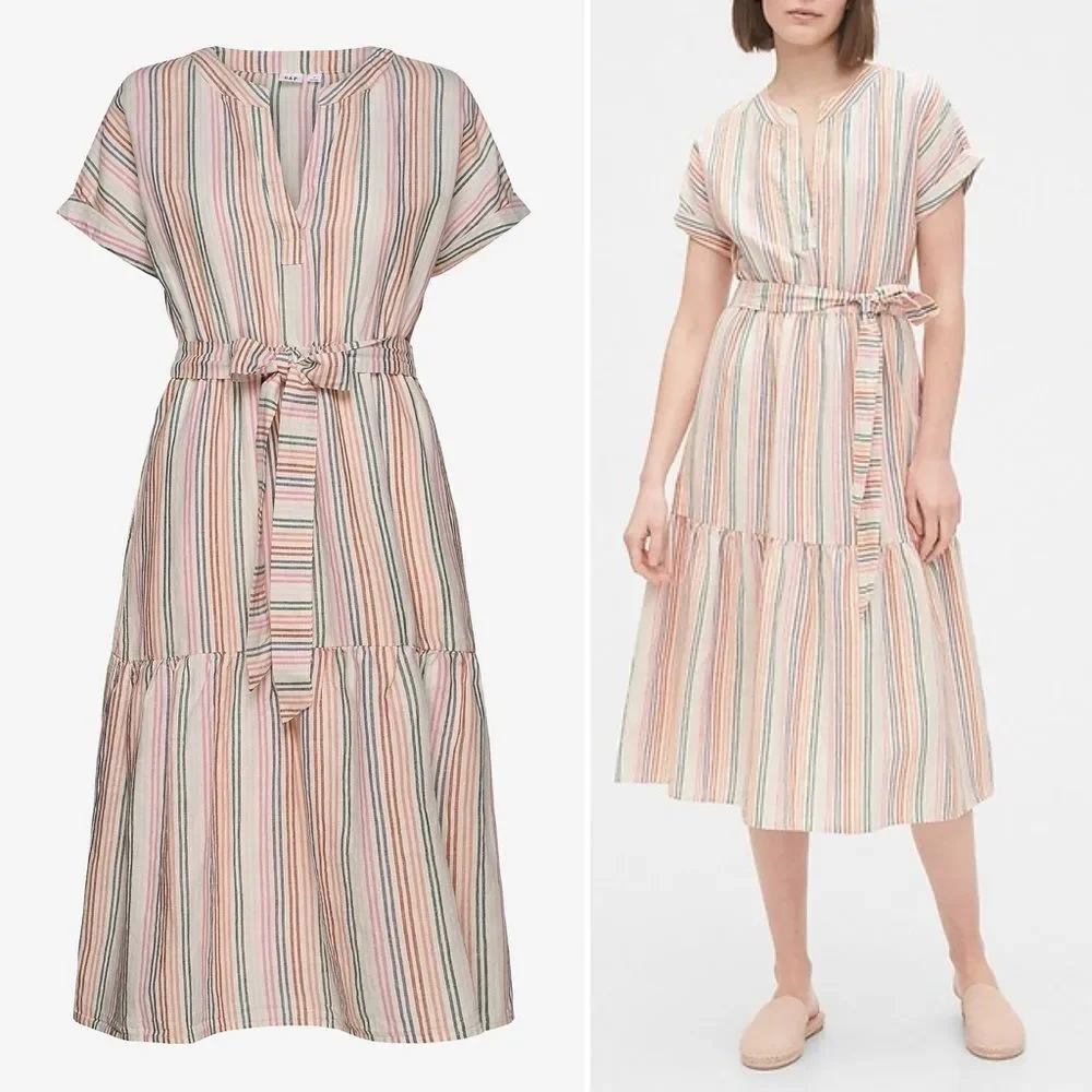 NWT Gap Linen Blend Striped Midi Dress Belted V-Neck Short Sleeve Size 14 Tall